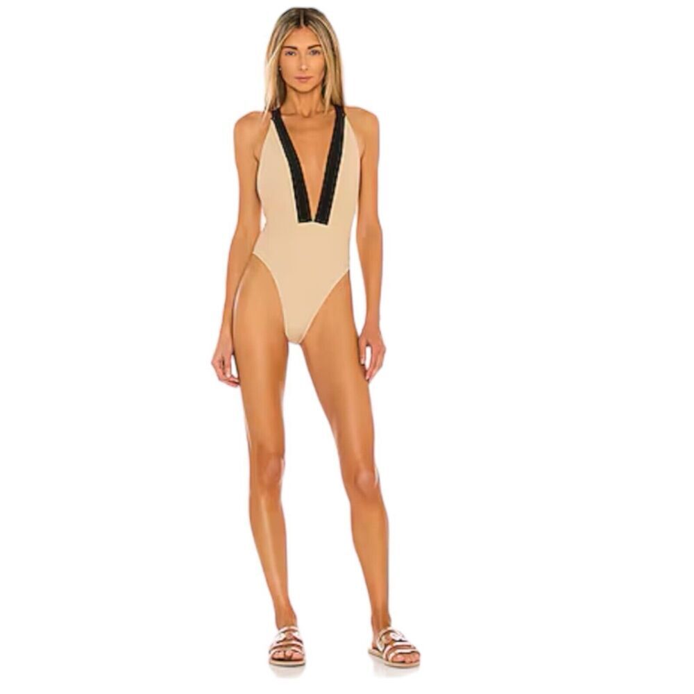 Beige One-Piece Swimsuit with Black Plunge Trim